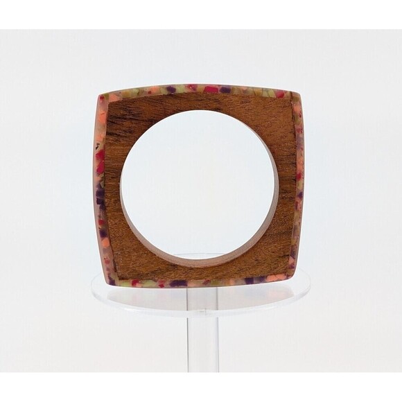Vintage Bangle Bracelet Wood Lucite Brown Square Chunky Boho Chic Eclectic Artsy - Picture 3 of 11